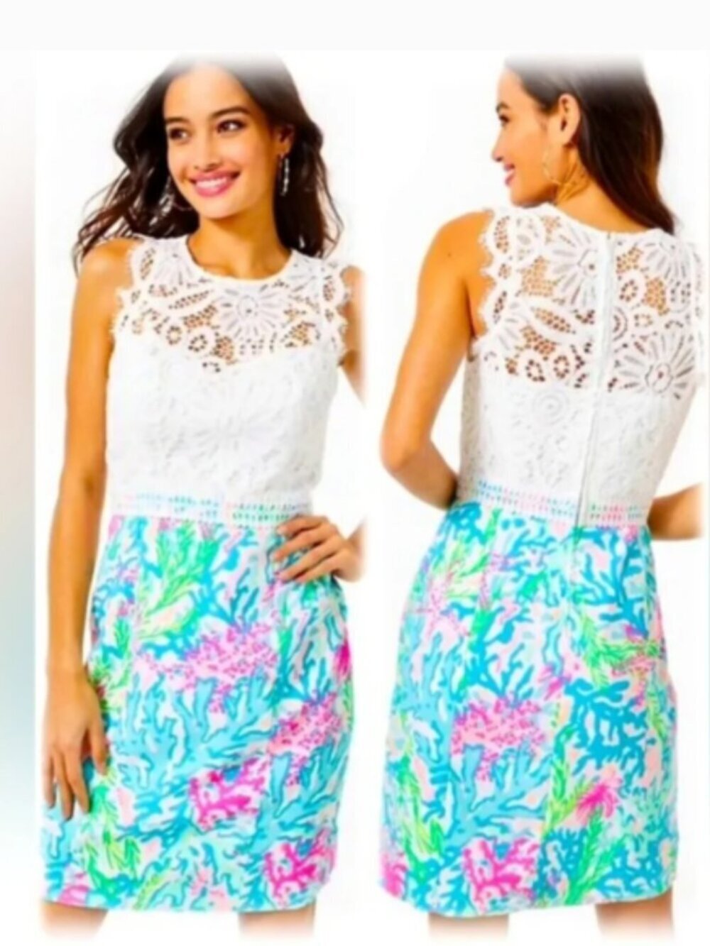 Lilly Pulitzer Sharice Stretch Shift Dress Coral Bay Lace Blue White Pink NWT